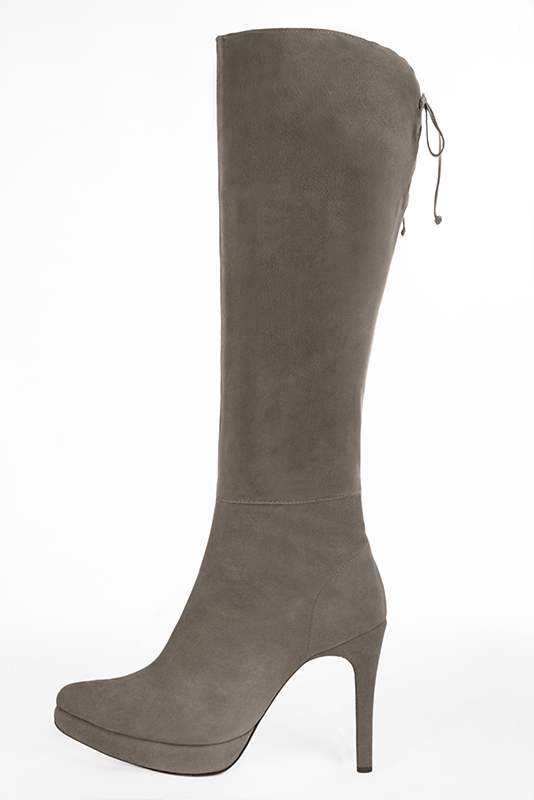 Bronze beige women's knee-high boots, with laces at the back. Tapered toe. Very high slim heel with a platform at the front. Made to measure. Profile view - Florence KOOIJMAN